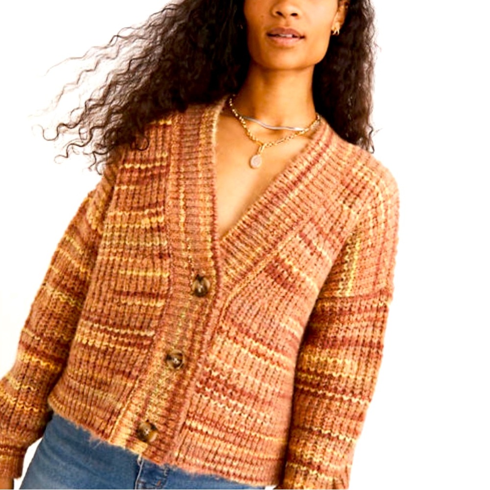 Madewell Pink Striped Space-Dyed Waller Crop Cardigan Sweater
